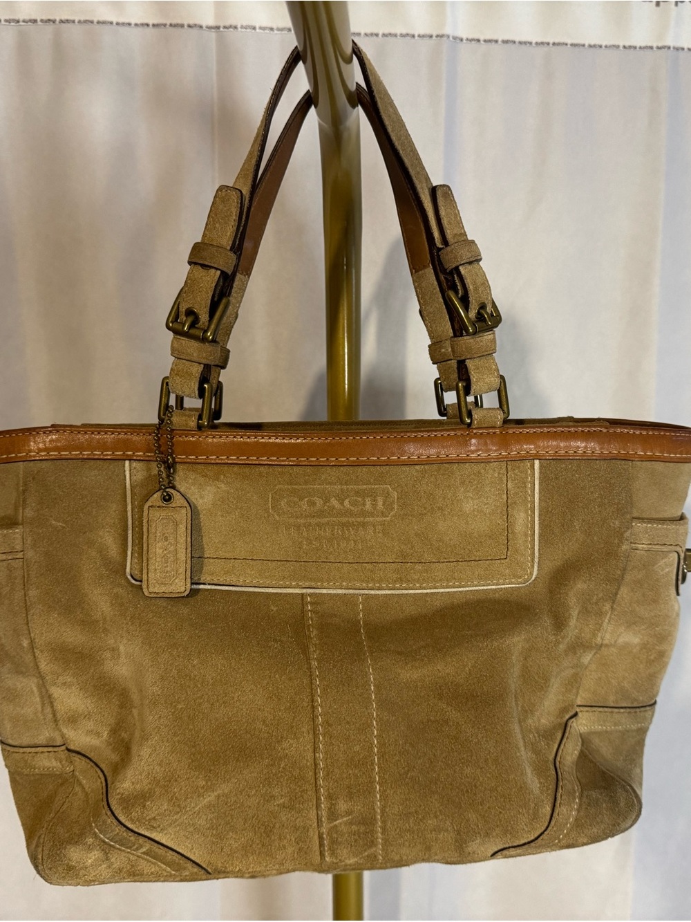Coach Suede Tote in Tan and Brown Leather Trim